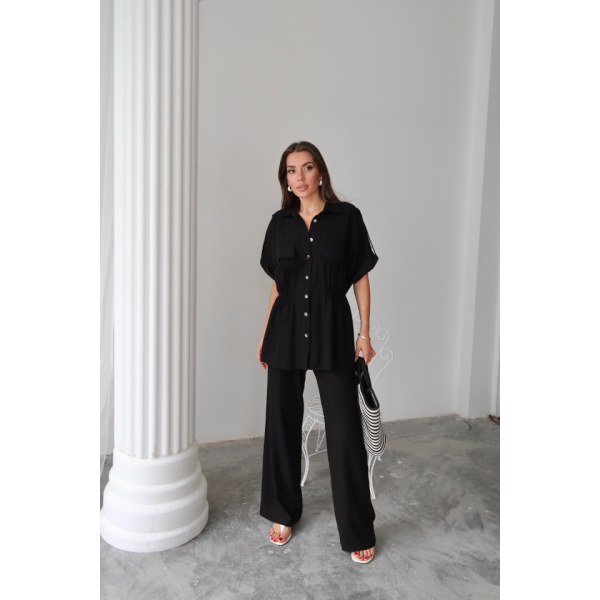 KETEN BELDEN BÜZGÜ DETAYLI GÖMLEK - PANTOLON TAKIM - Siyah