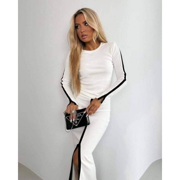 Kadın Uzun Kollu Bisiklet Yaka Kaşkorse Bluz Ve Yırtmaçlı Etek Ikili Takım