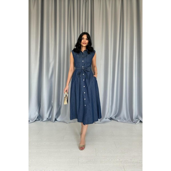 Mavi Tencel Çıtçıtlı Elbise