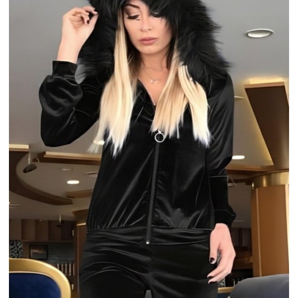 Kadın Uzun Kollu önden Fermuarlı Kapşon Tüy Detaylı Kadife Bluz Ve Pantolon Ikili Takım