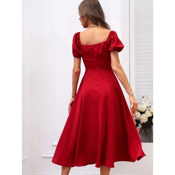 Kadın Kısa Kollu Kare Yakalı Yırtmaçlı Midi Janjan Krep Elbise