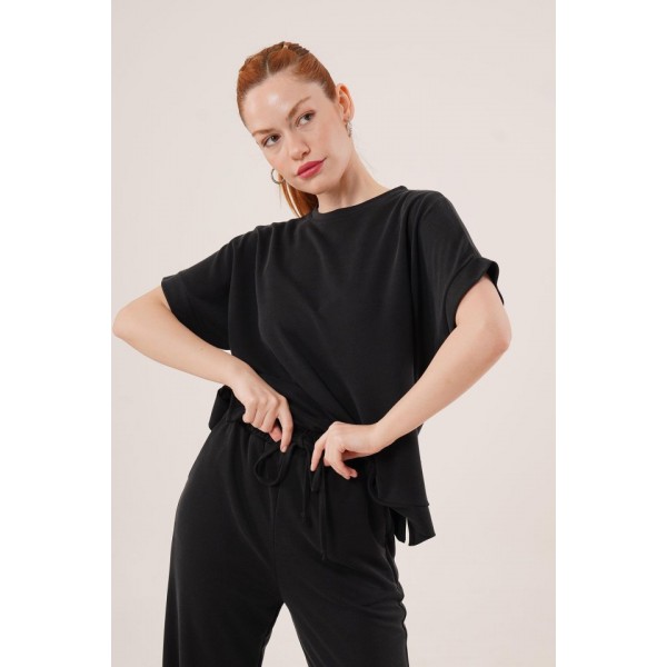 Modal Kısa Kollu Üst Ve Geniş Paça Eşofman İkili Siyah Takım