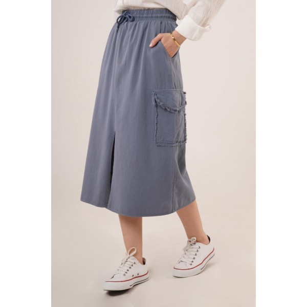 Ön Yırtmaçlı Cep Detaylı İndigo Etek