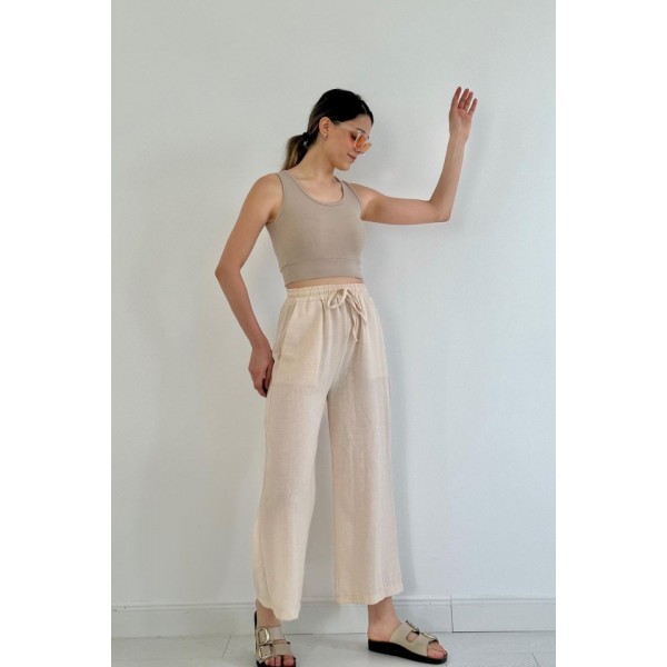 Bej Keten Pantolon