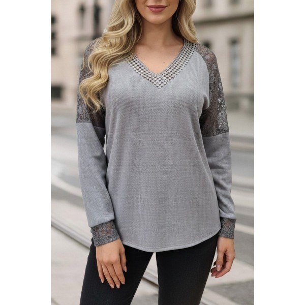 Kadın Uzun Kollu V Yakalı Dantelli Waffle Bluz