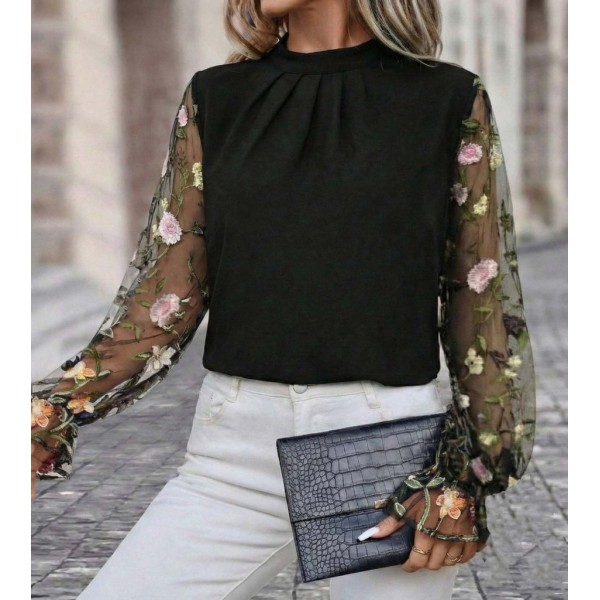 Kadın Uzun Kollu Yarı Balıkçı Yaka Tül Detaylı Ithal Krep Bluz