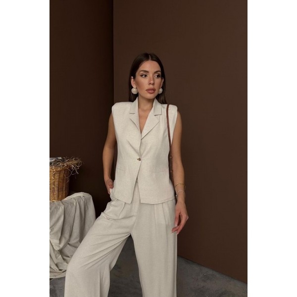Bej Keten Yelek Pantolon Takım