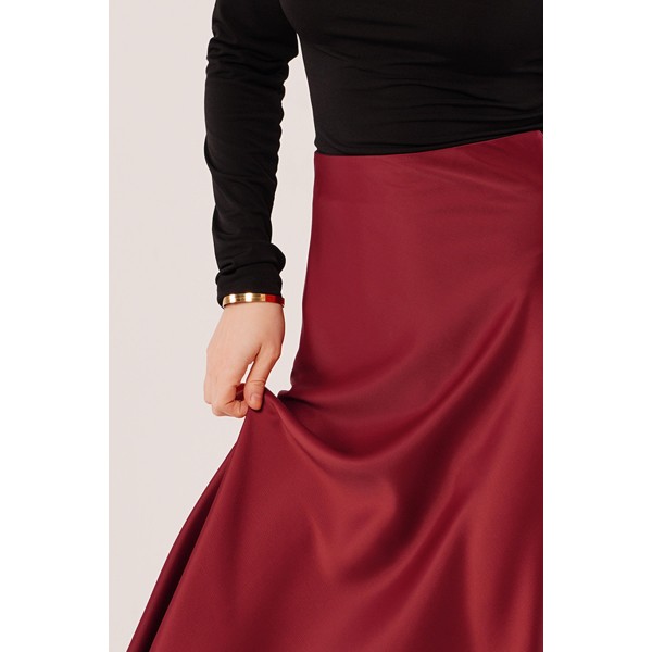 Çan Kesim Midi Bordo Saten Etek
