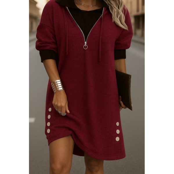 Kadın Uzun Kollu Kapşonlu önden Fermuarlı Düğmeli Mini Iki Iplik Elbise