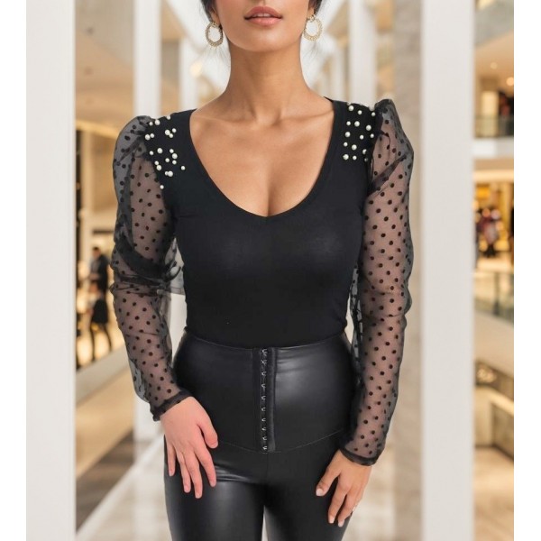 Kadın Uzun Kollu Omuz Inci Kollar Tül Detay Viskon Bluz