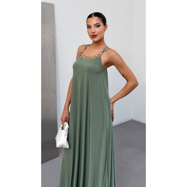 Kadın Omuz Askılı Kuş Gözü Zincir Detay Sandy Kumaş Maxi Boy Elbise