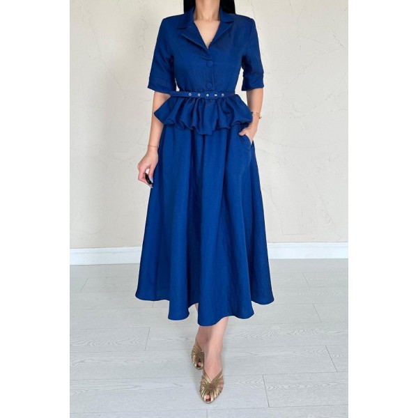 Lacivert İnce Kemerli Fırfırlı Ceket Ve Büzgülü Etek Takım