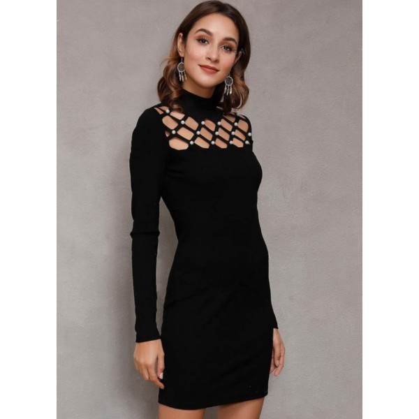 Kadın Uzun Kollu Bisiklet Yaka Lazer Kesim Inci Detay Viskon Iki Iplik Mini Boy Elbise