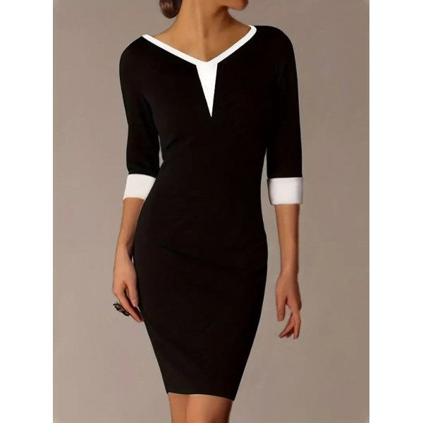 Kadın Truvakarkol V Yakalı Blok Renkli Kısa Janjan Krep Elbise