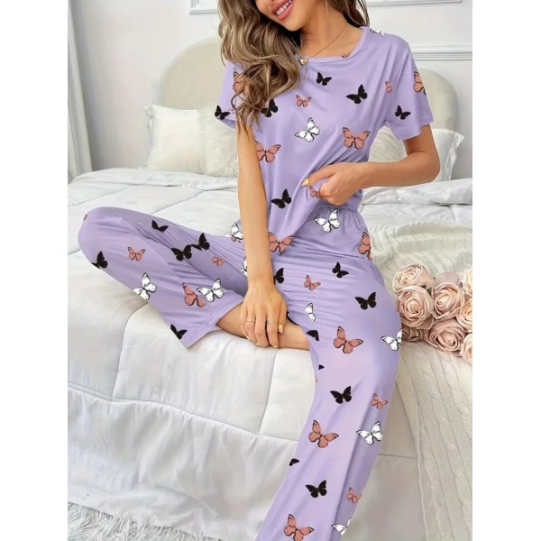 Kadın Kısa Kollu Bisiklet Yaka Kelebek Baskılı Süprem Ikili Takım