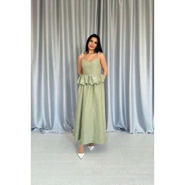 Yeşil Beli Büzgülü İnci Askılı Uzun Elbise