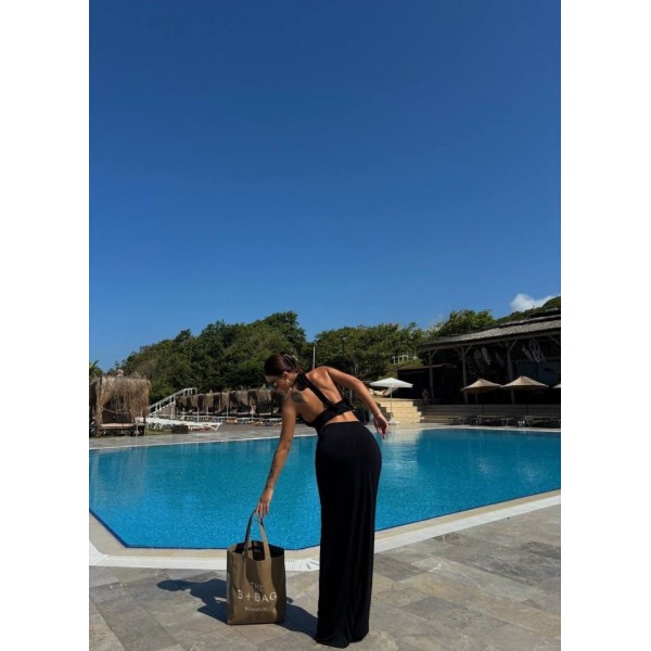 Kadın Mayo Kumaş Bağlamalı Crop Ve Maxi Boy Etek Ikili Takım