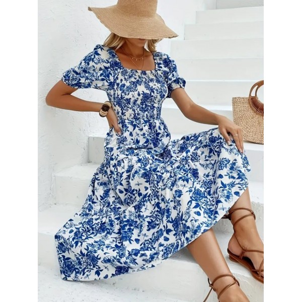 Kadın Kısa Kollu Kare Yakalı Lastikli Desenli Süprem Elbise