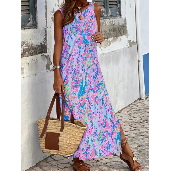 Kadın Askılı Yuvarlak Yaka Yandan Yırtmaçlı Uzun Süprem Elbise