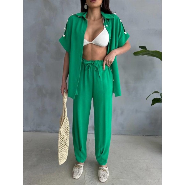 OMUZ MİDYE SIRALI BLUZ - PAÇA PENSLİ PANTOLON TAKIM - Yeşil