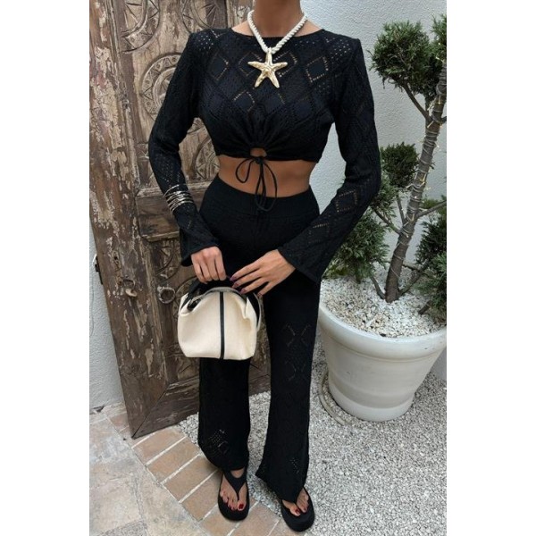 Göğüs Bağcık Detaylı Ajurlu Bluz Pantolon Takım 10098