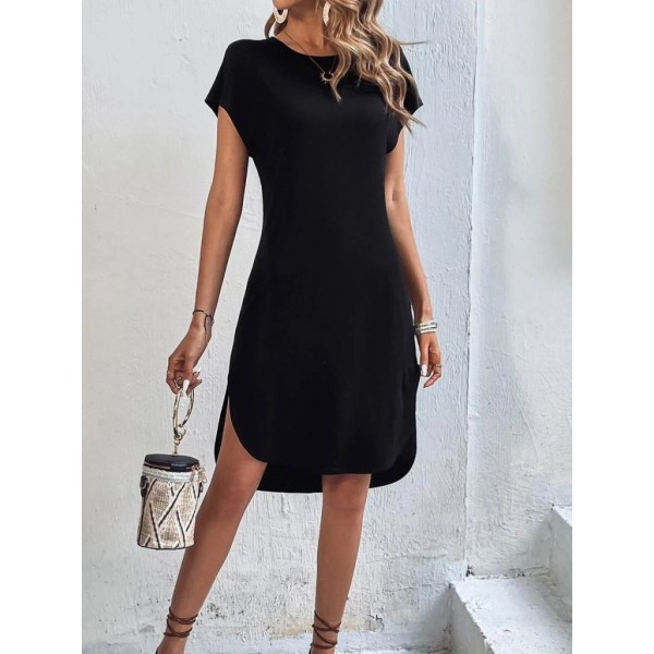 Kadın Kısa Kollu Bisiklet Yaka Viskon Iki Iplik Elbise