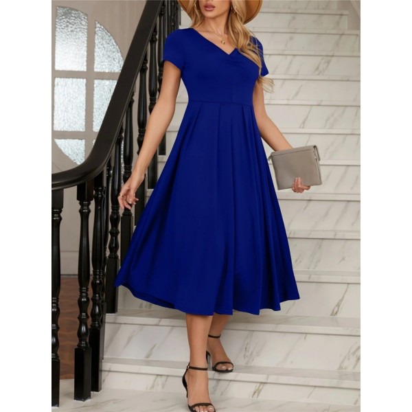 Kadın Kısa Kollu V Yakalı önden Pileli Midi Janjan Krep Elbise