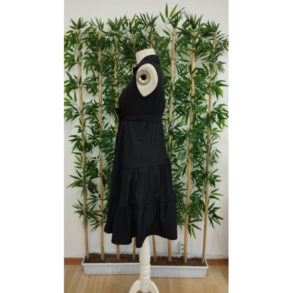 Kadın Kısa Kollu Gömlek Yaka Düğmeli Beli Kuşaklı Katlı Dokuma Midi Elbise