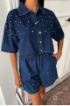 Taş Detaylı Gömlek Şort Denim Takım 10175