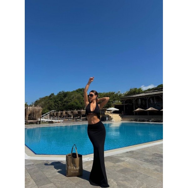 Kadın Mayo Kumaş Bağlamalı Crop Ve Maxi Boy Etek Ikili Takım