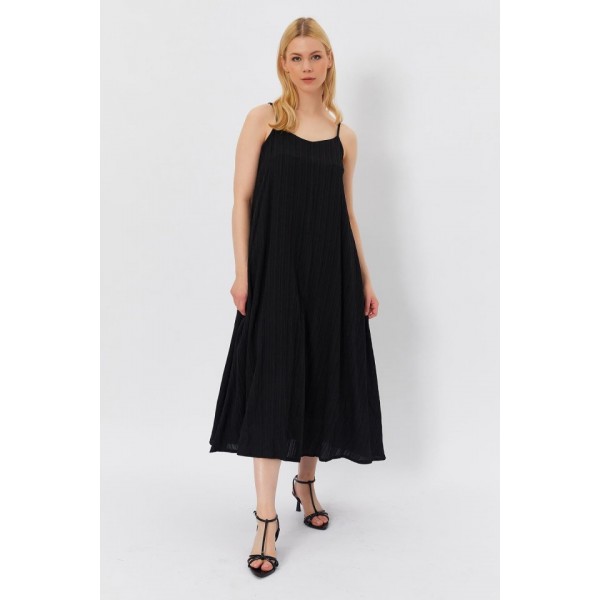 Askılı Uzun Çan Elbise - Siyah