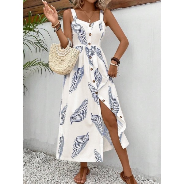 Kadın Askılı önden Düğmeli Yaprak Desenli Uzun Süprem Elbise