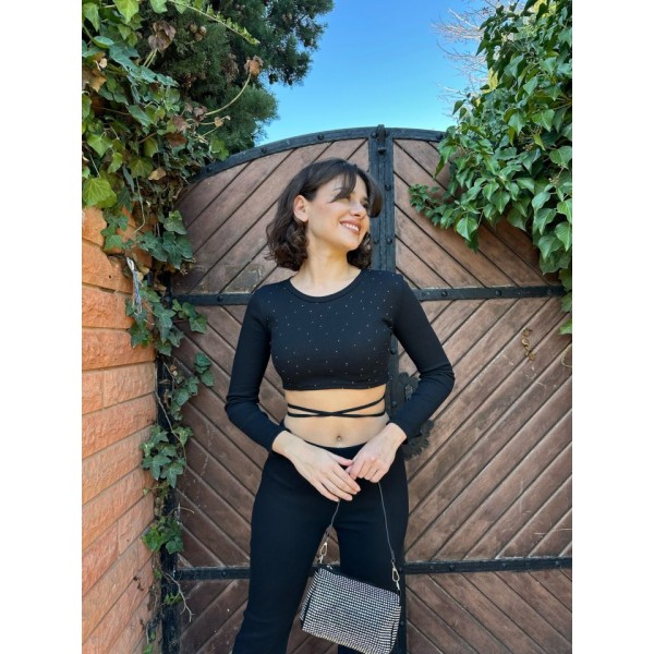 Kadın Paçası Yırtmaç Detaylı Taşlı Bel Bağlamalı Kaşkorse İkili Takım