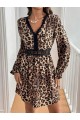 Kadın Uzun Kollu V Dantel Yakalı Leopar Desenli Modal Mini Elbise