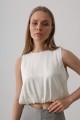 Saten Kolsuz Belki Lastikli Bluz - Ekru