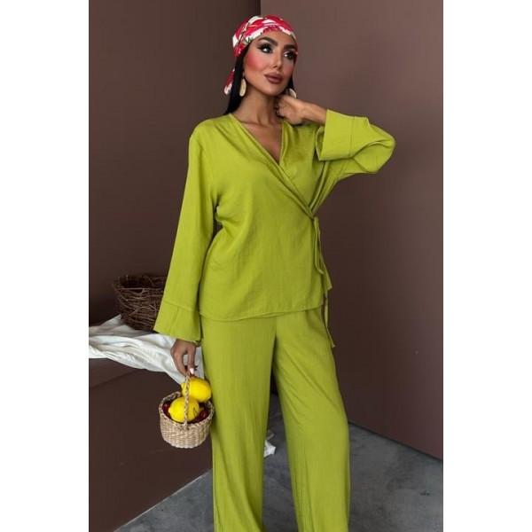 Kruvaze Model Klasik Pantolonlu Çupra Keten Takım 10191