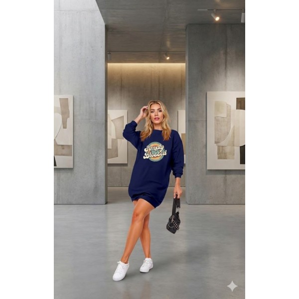 Kadın Uzun Kollu Bisiklet Yaka Yazılı Viskon Iki Iplik Elbise