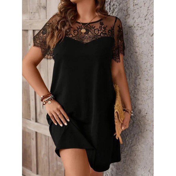 Kadın Kısa Kollu Dantel Bisiklet Yaka Ve Kol Dantel Detaylı Janjan Krep Elbise