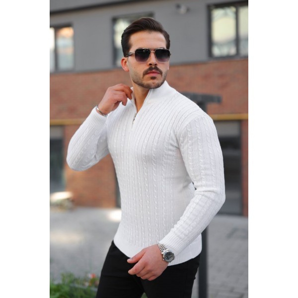 Erkek Örgü Desen Zip Yaka Triko