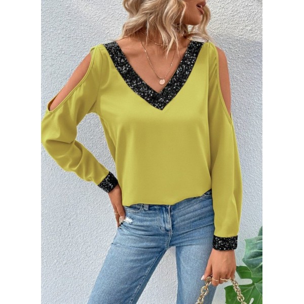 Kadın Uzun Kollu V Yakalı Omuzlardan Açık Sandy Bluz