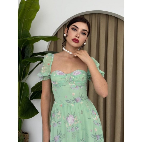 ŞİFON KUMAŞ DİJİTAL DESEN BASKILI ELBİSE