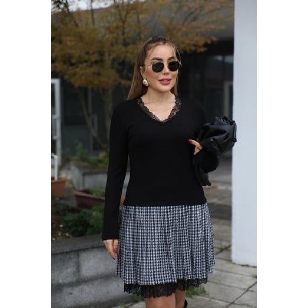 Kadın Uzun Kollu Denteli Yaka Ekose Etek Detay Diz üstü Elbise