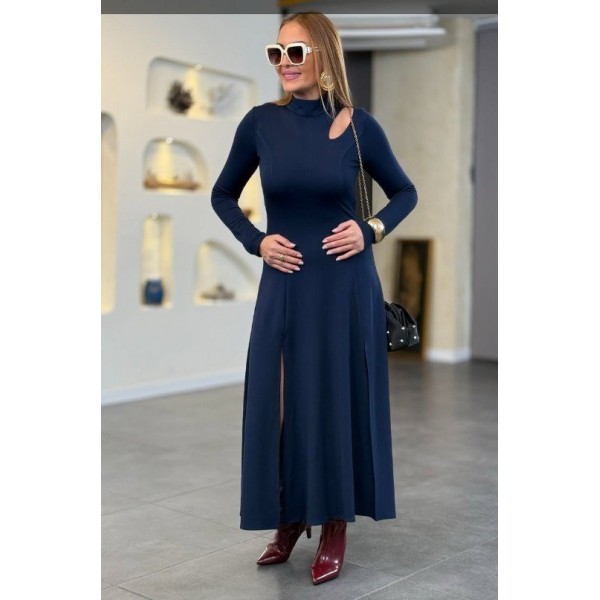 Kadın Balıkçı Yaka Damla Detaylı Yırtmaçlı Uzun Viskon Iki Iplik Maxi Elbise