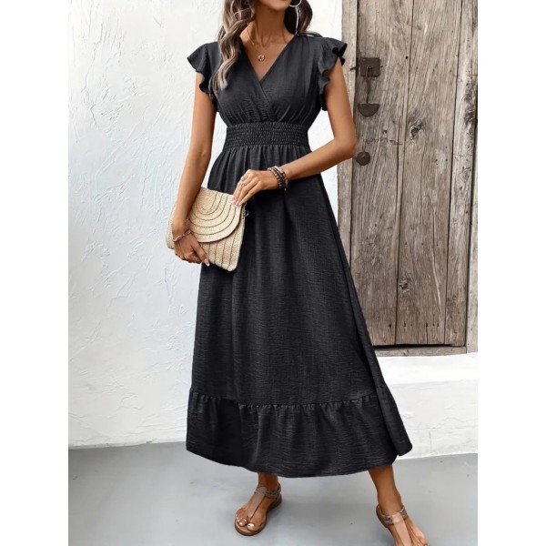 Kadın Kısa Kelebek Kollu Kruvaze Yakalı Beli Lastikli Aerobin Elbise