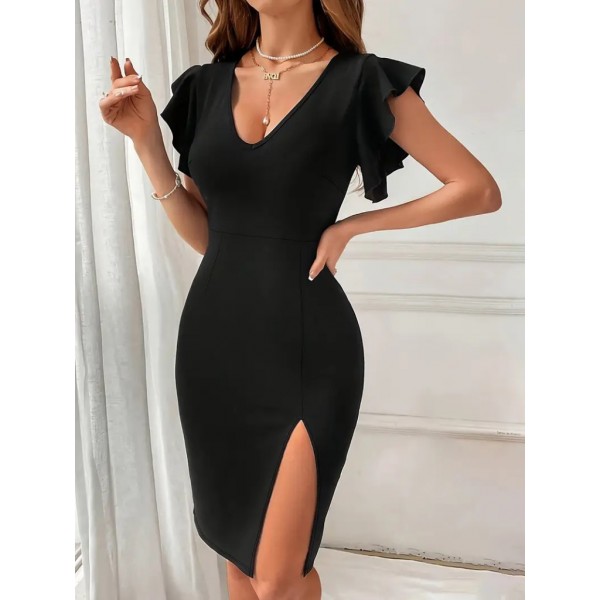 Kadın Kısa Kollu V Yakalı Kolları Volanlı Yandan Yırtmaçlı Kısa Janjan Krep Elbise