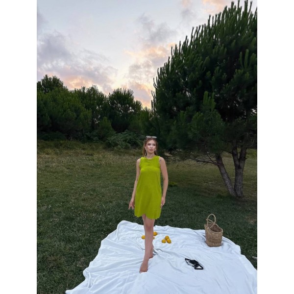 Kadın Keten Kumaş Kolsuz Mini Boy Elbise