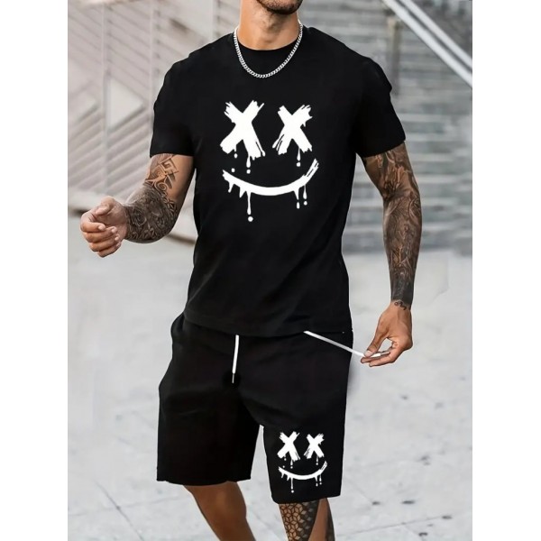 Erkek Kısa Kollu Bisiklet Yaka Baskılı Tişört Ipli Short Iki Iplik Takım
