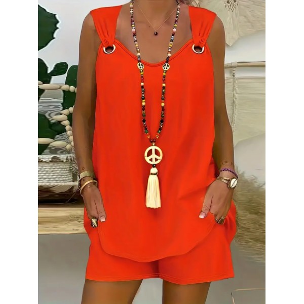 Kadın Kolsuz V Yaka Kuş Gözü Detay Bluz Short Aerobin Ikili Takım