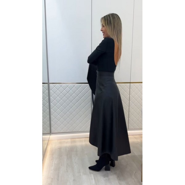 Kadın Belden Kuşaklı Uzun Deri Etek