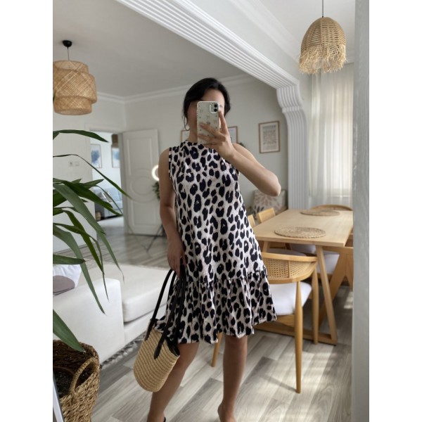 Kadın Kolsuz Sırttan Bağlamalı Fırfırlı Leopar Desenli Süprem Elbise